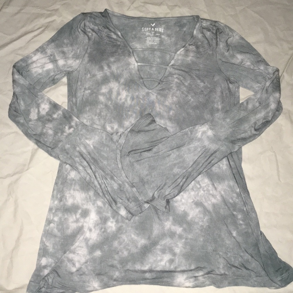 AEO Mint Green & White V-Neck Long Sleeve